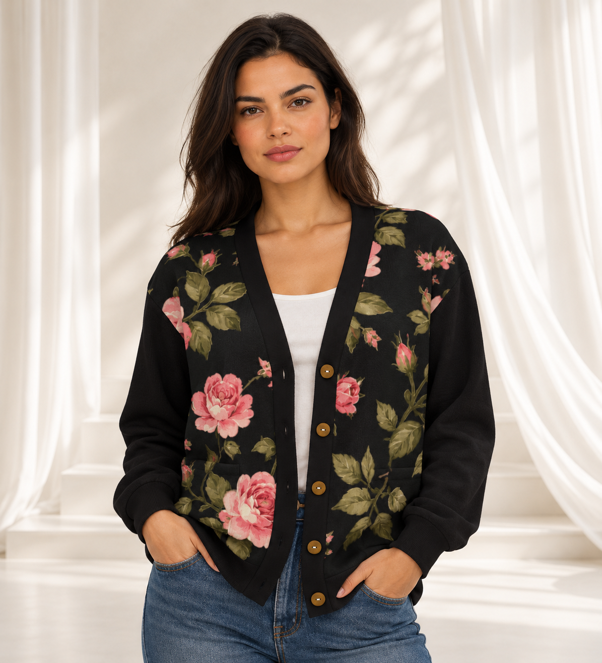 black pink floral cardigan model front
