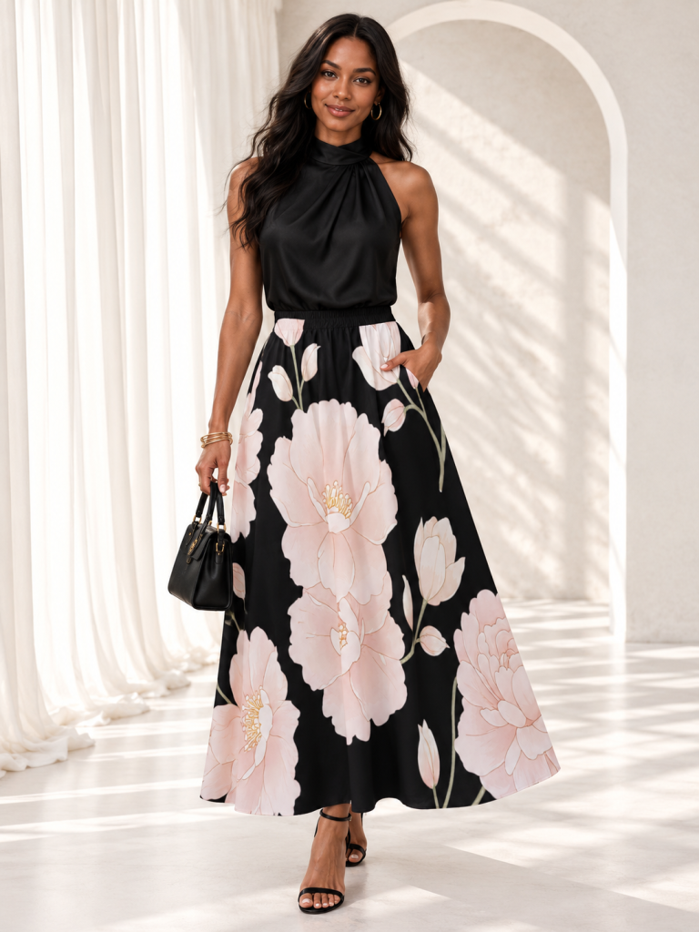 black pink floral maxi skirt model front