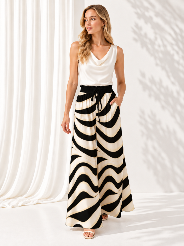 black waves wide leg trousers model front