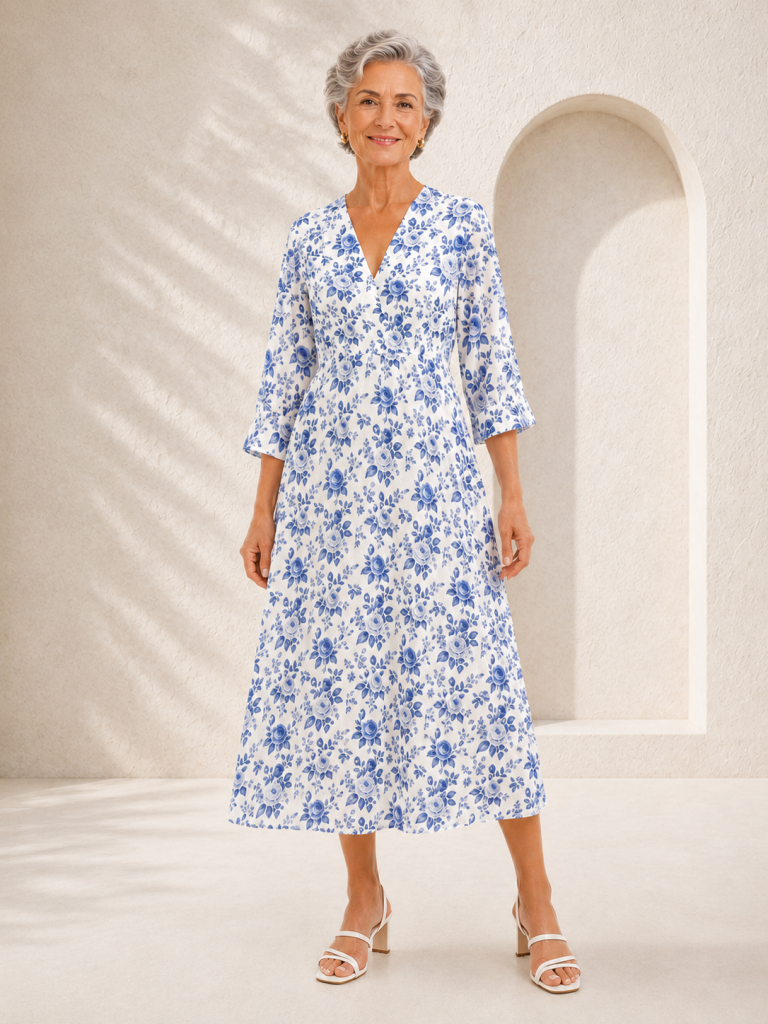 blue all over floral maxi dress model front