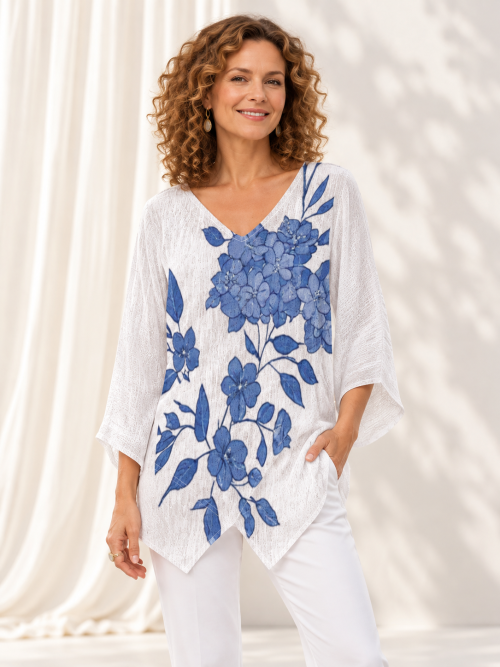 Deris Floral V-Neck Blouse – White