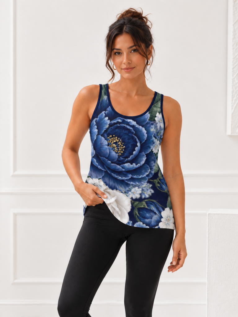 blue navy flower vest model front