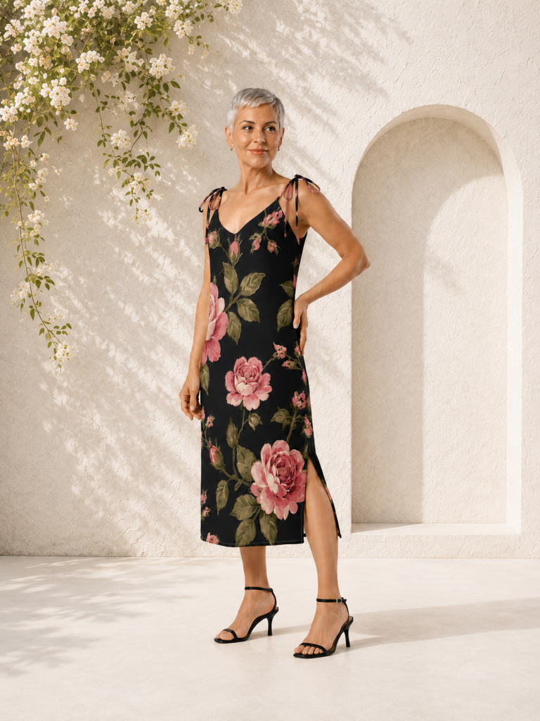 dark rose print dress model front with backdrop