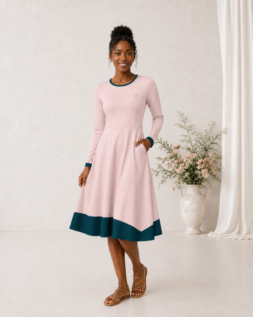 flare dress pink model front backdrop