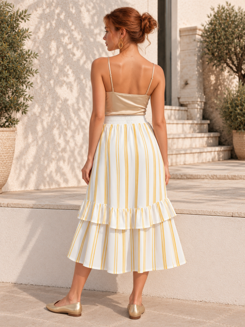 Fiz Gold Stripe Ruffle Skirt – White
