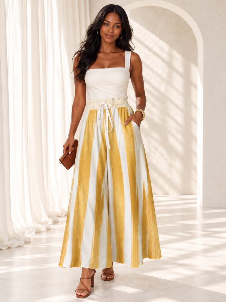gold stripe wide leg trousers model front