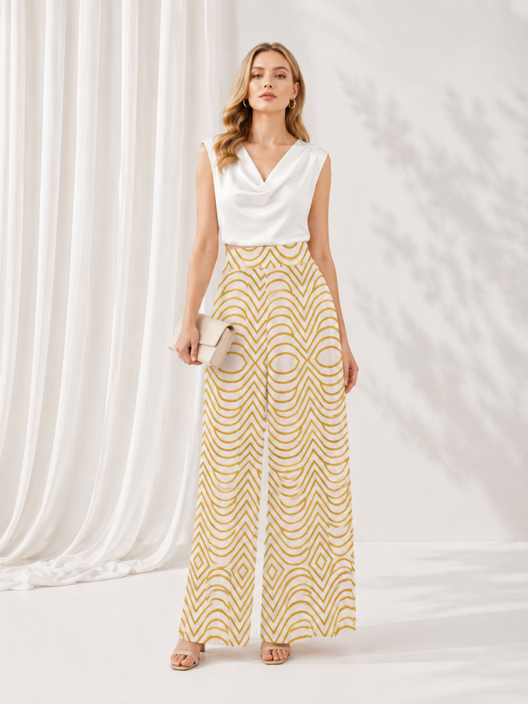 gold white flared trousers model front