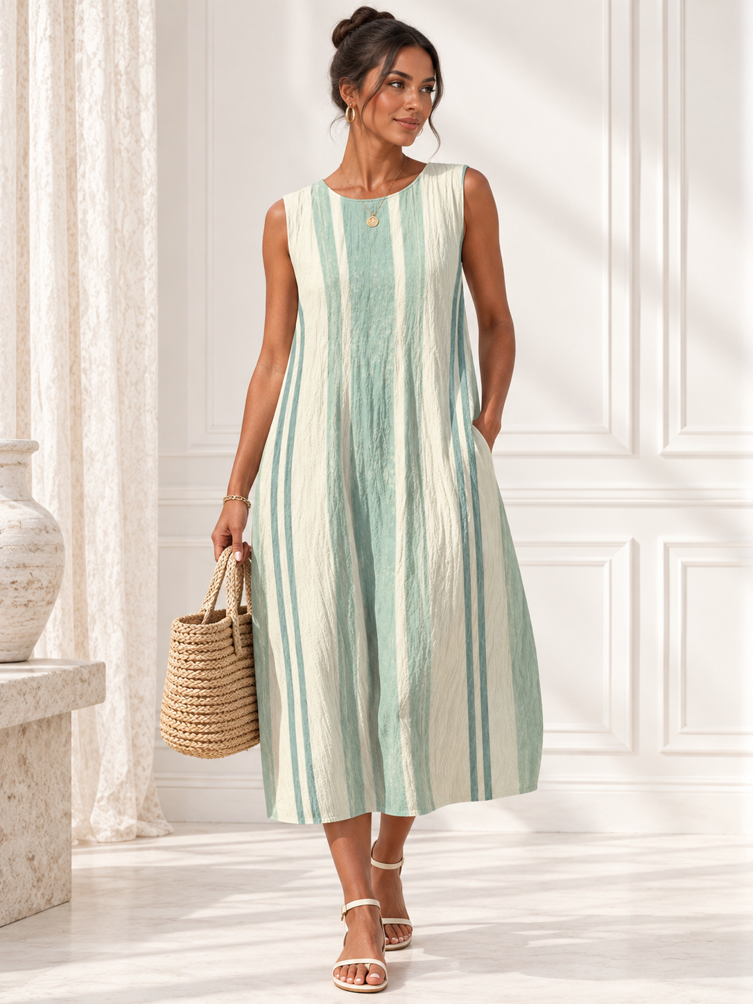green stripe beach dress model front