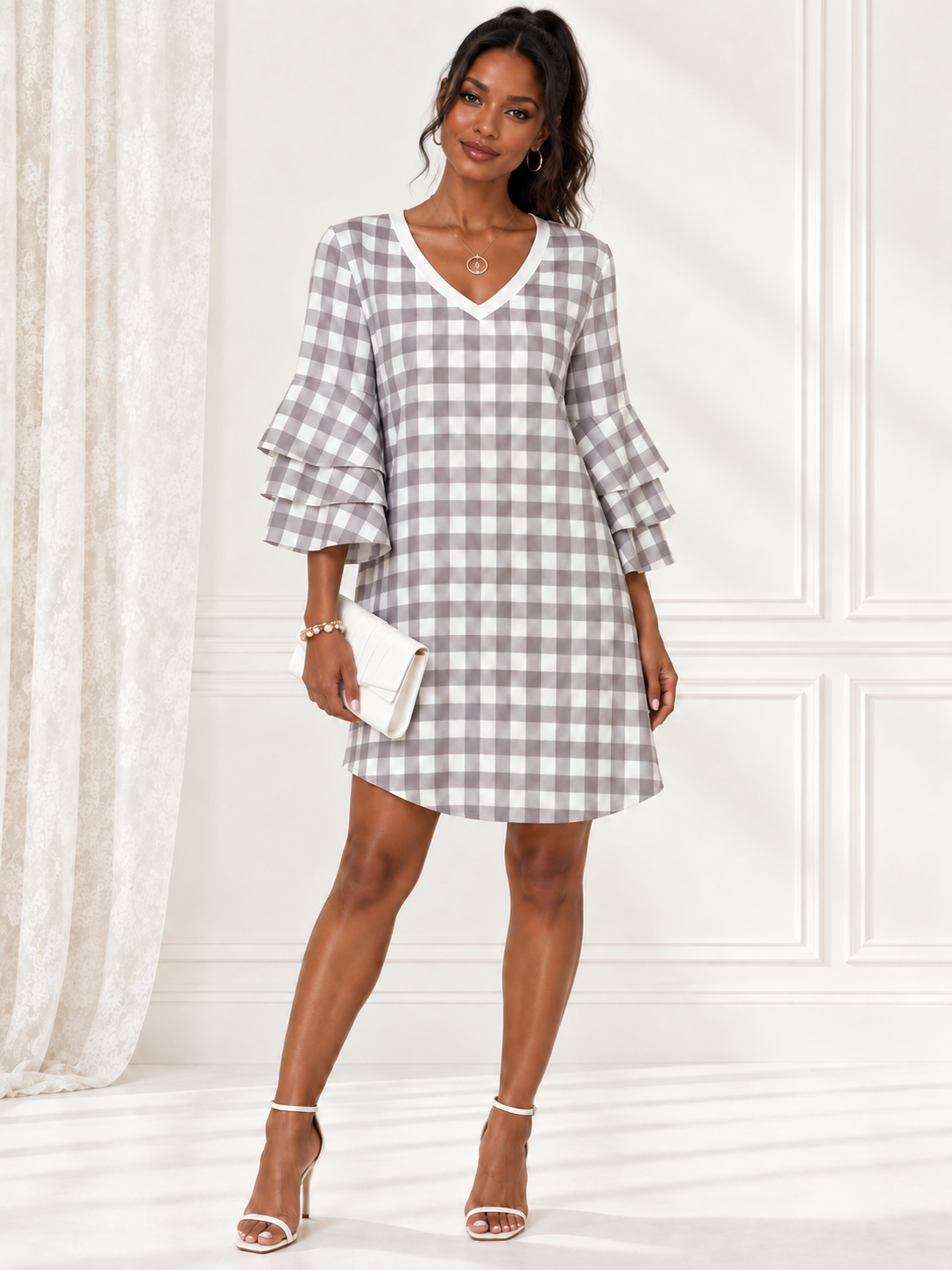 grey checkered ruffle sleeve dress model front