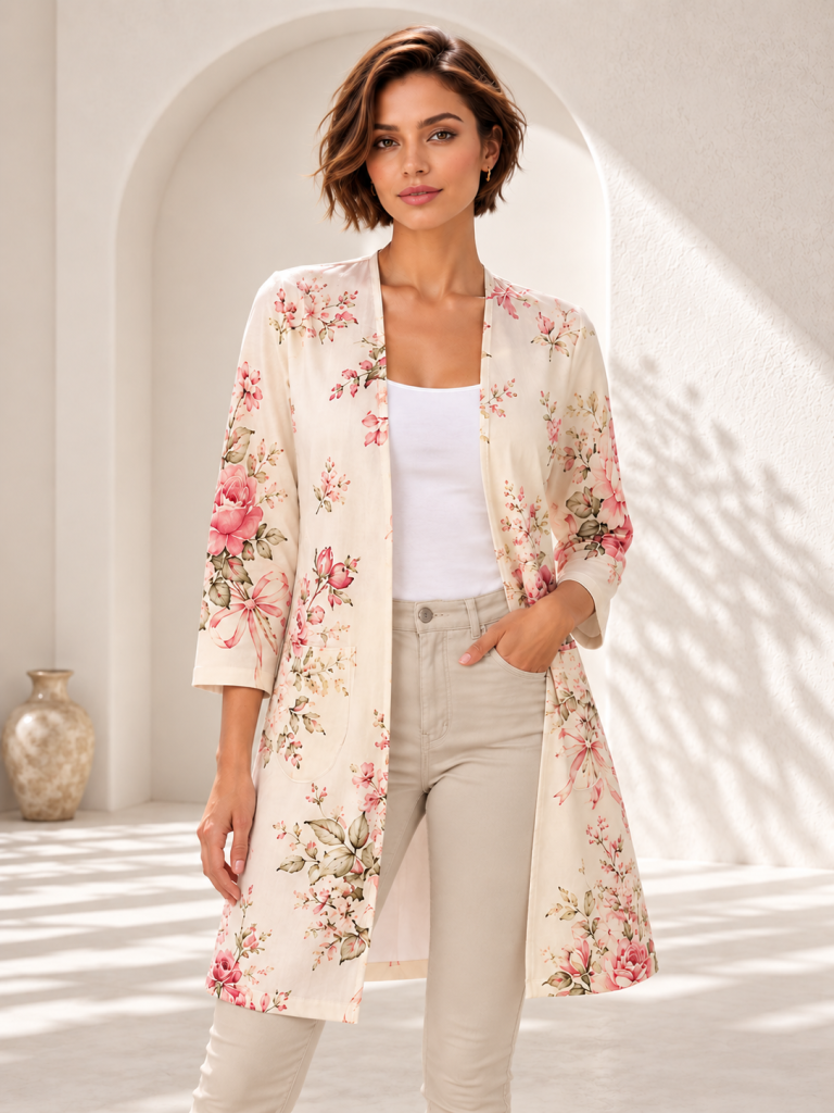 ivory floral long jacket model front