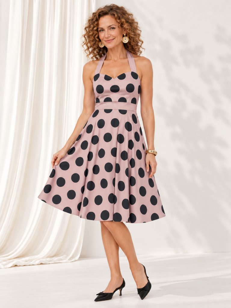 lilac polka dot midi dress model front