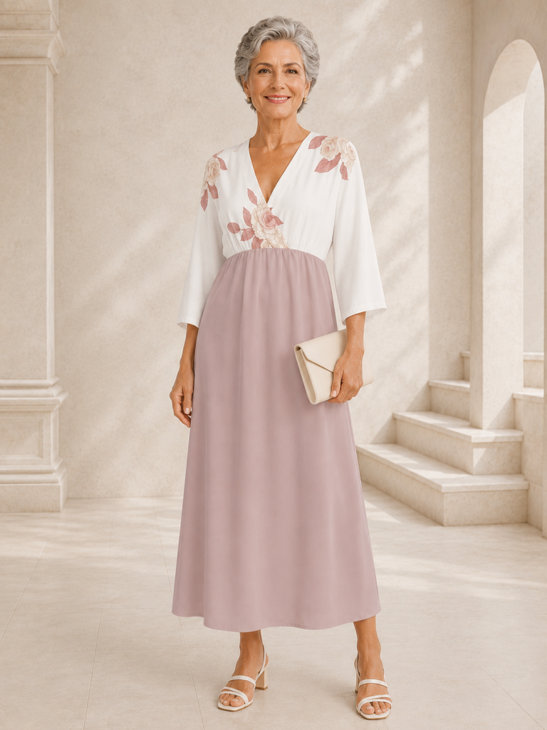 lilac white floral leaves dress model front