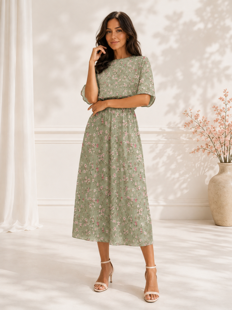 long green floral dress model front