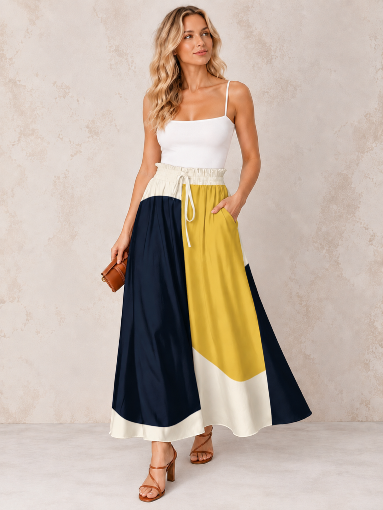mustard and navy wide trousers model front