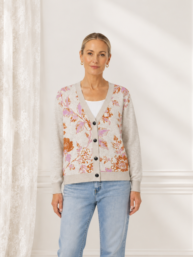 orange floral knitted cardigan model front with backdrop