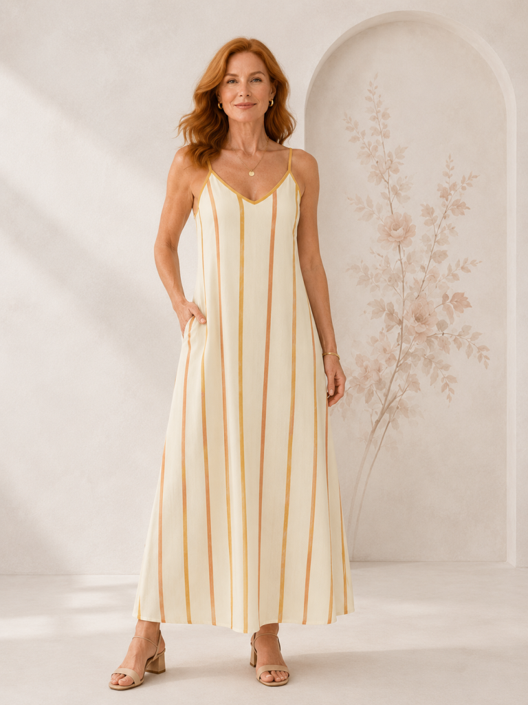 orange striped long dress model front