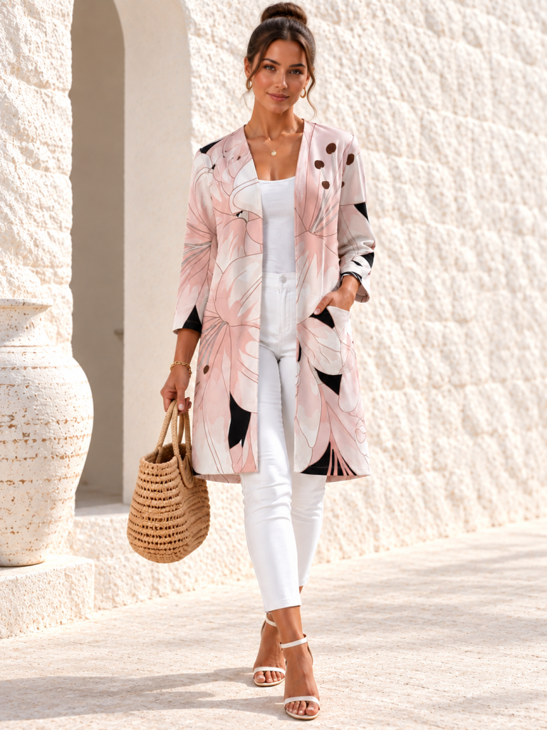 pink floral long jacket model front