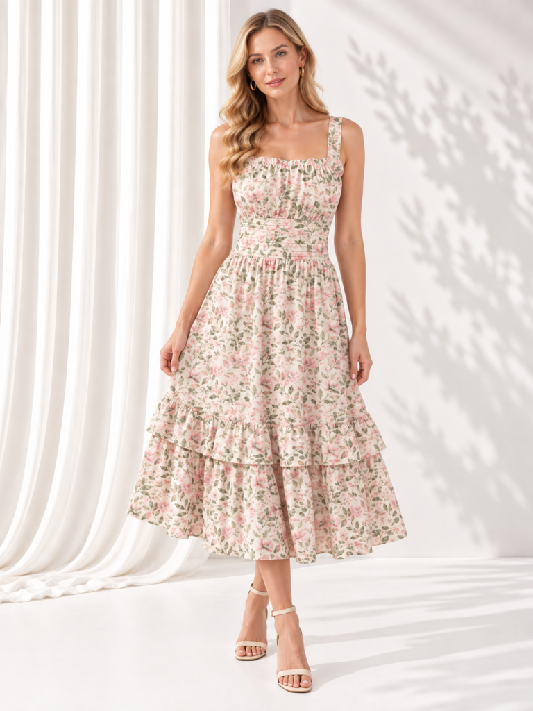 pink floral short ruffled dress model front