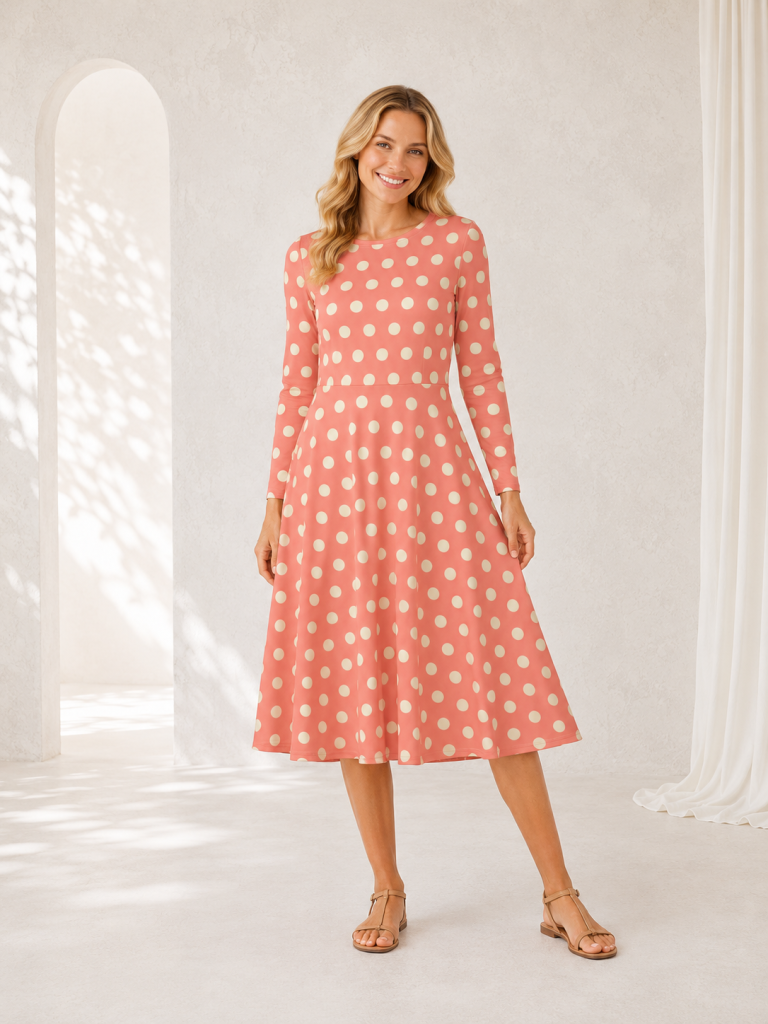 pink polka dot flare dress model front with backdrop