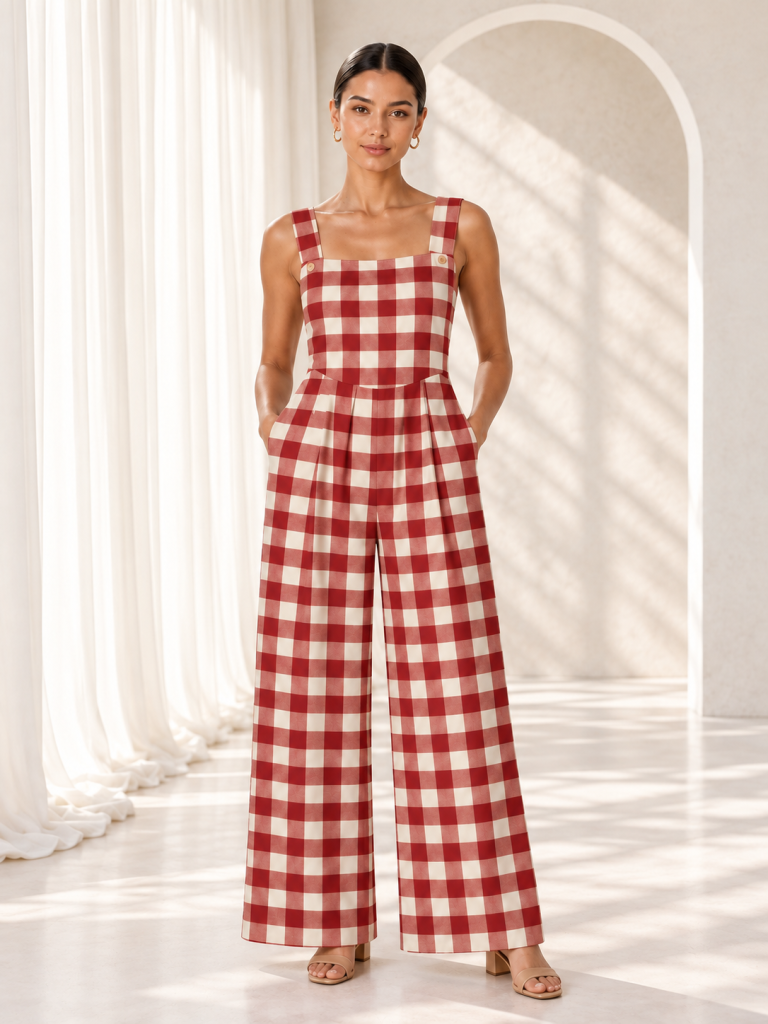 red and white checkered jumpsuit model front