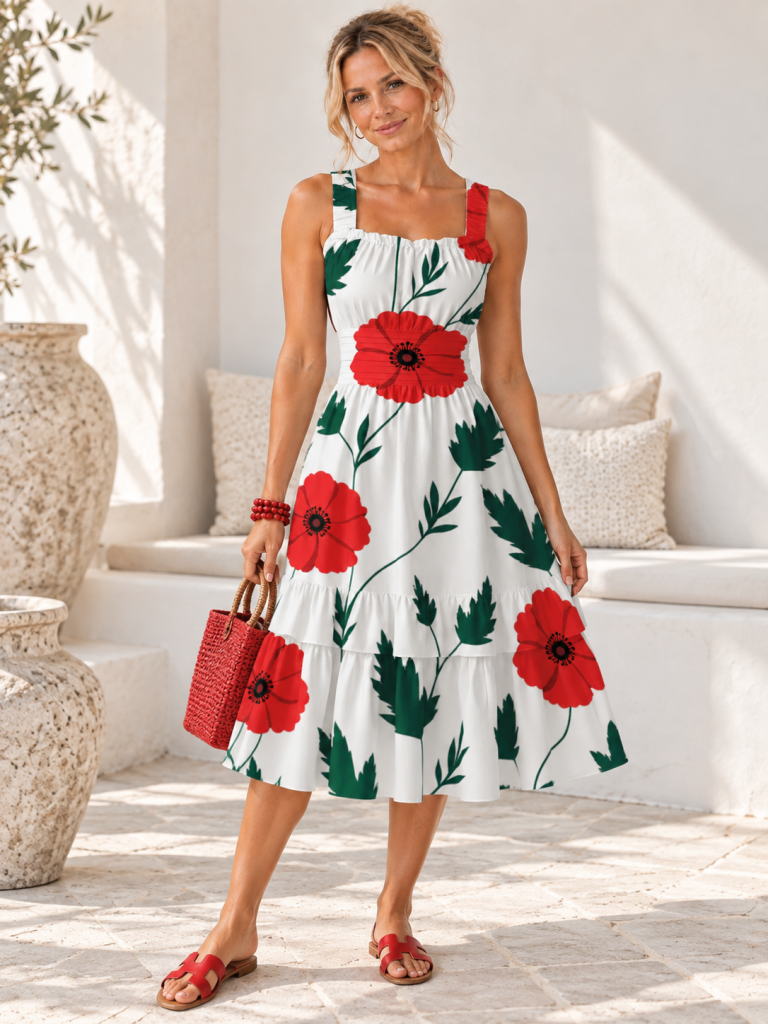 red poppy midi dress model front