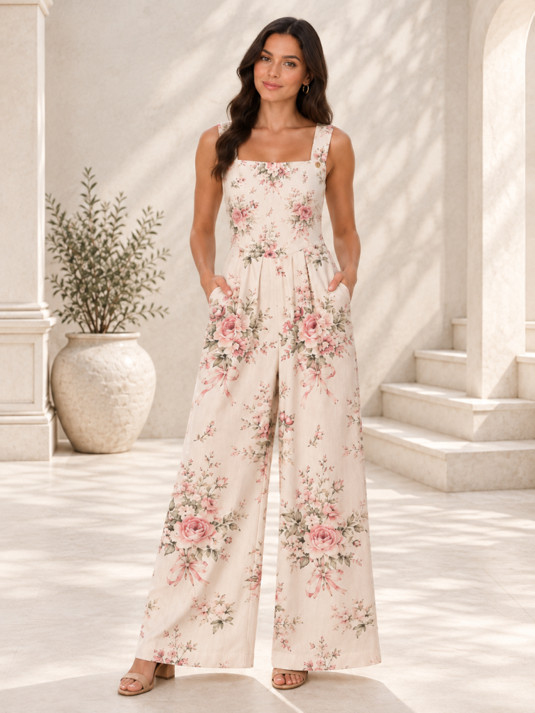 white floral jumpsuit model front