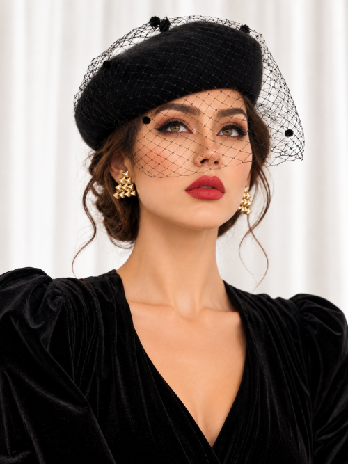 Eliza Vintage Mesh Wool Beret – Black