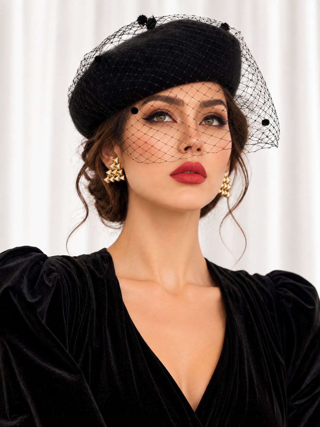 wool vintage mesh beret black model front