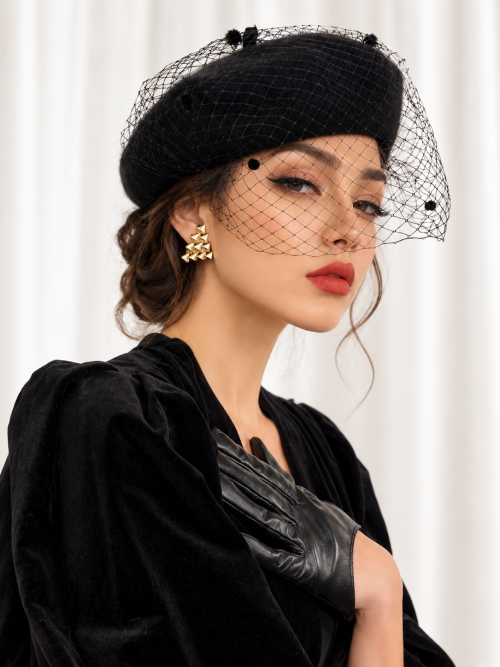 Eliza Vintage Mesh Wool Beret – Black
