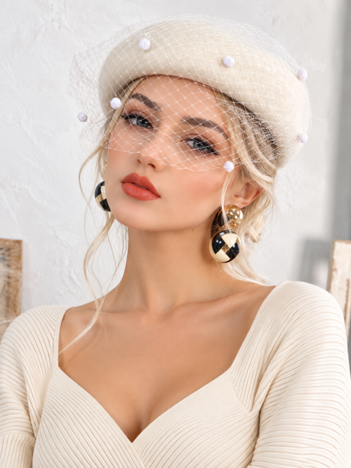 Eliza Vintage Mesh Wool Beret – White