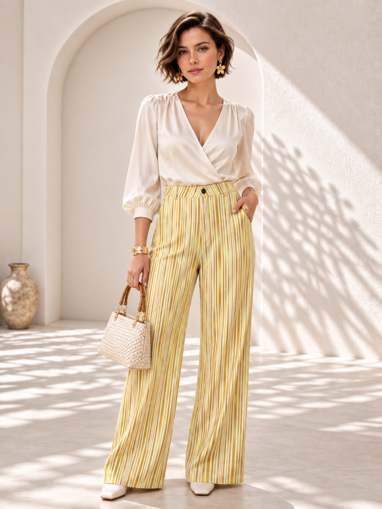 yellow gold stripe button trousers front model