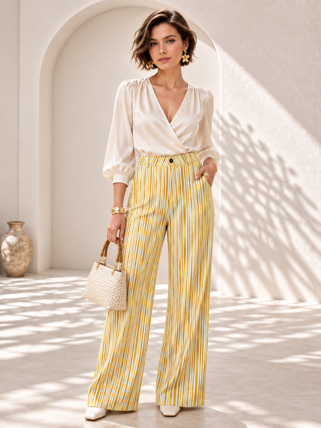 yellow gold stripe button trousers front model