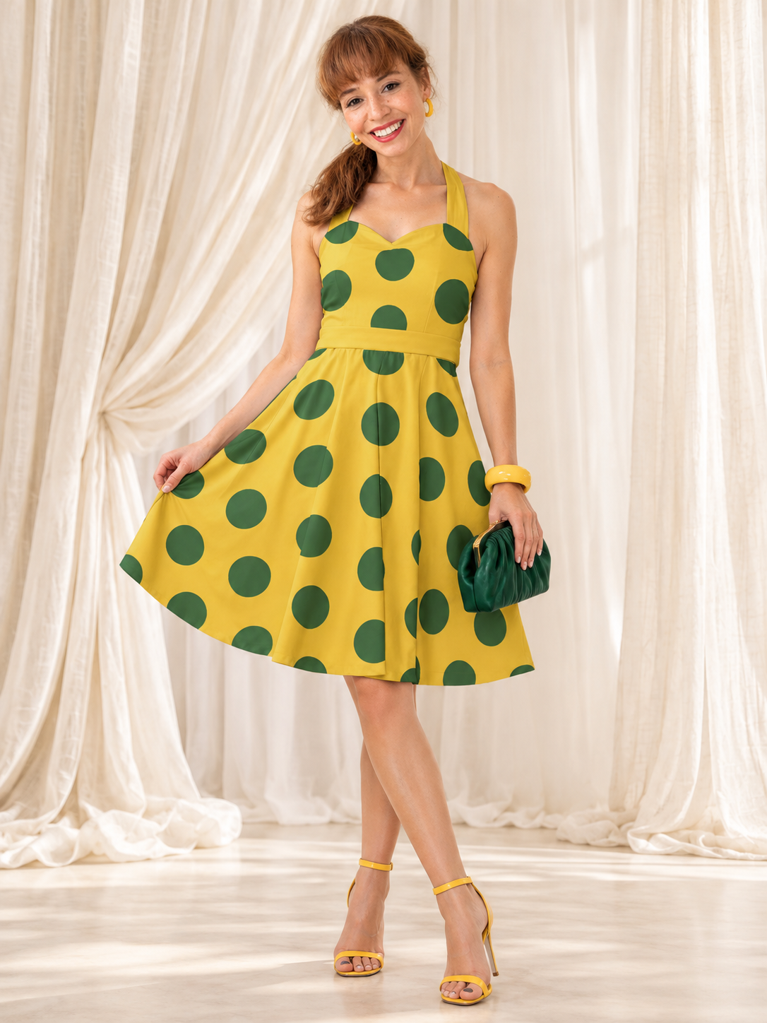 yellow polka dot midi dress model front
